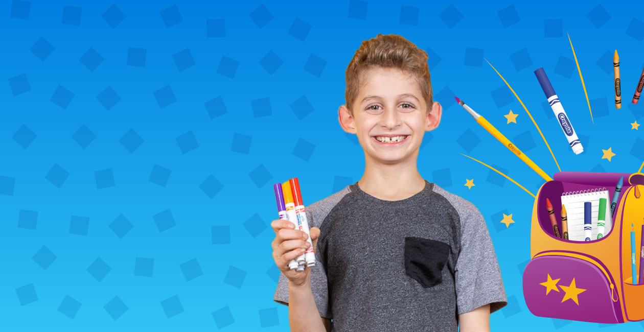 Boy holding markers while smiling. There is an illustration of a backpack in the background with markers coming out. 
