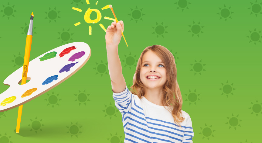 Girl painting yellow sun with a paint brush with an easel in the background