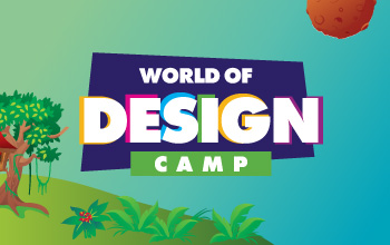 World of design camp logo with an illustration of a tree in the left corner